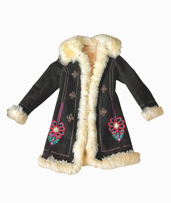 Amazing True Vintage 70's Rainbow Flower Embroidered Afghan Shearling Sheepskin Penny Lane Coat | Hippie BoHo Bohemian Coat Jacket 60s Clean