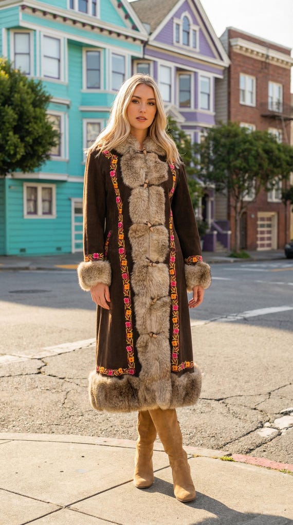 Vintage 60s 70s Bespoke Embroidered Floral Suede Coat Fur Trim | Afghan Russian Princess Embroidery | Rockstar Hippie Boho Penny Lane Coat