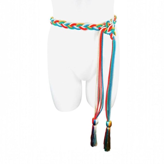Vintage 1980s Multicolored Braided Rope Passementerie Cord Belt | Pom-Pom Tassel