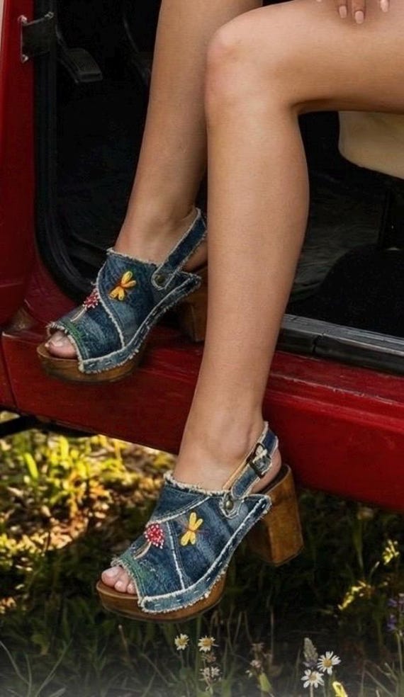 Size 7 | Vintage 70s SBICCA ROCKERS Rare DENIM Platform Sandals | Glitter Paint Mushroom Butterfly Flower | Boho Hippie Festival Style