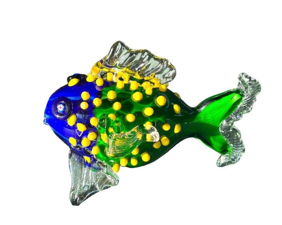 Hand Blown Art Glass | 9.5”x6.5”  Tropical FISH Sculpture Figurine Green Blue And Yellow With Red Millefiori Eyes | Italian Murano Style