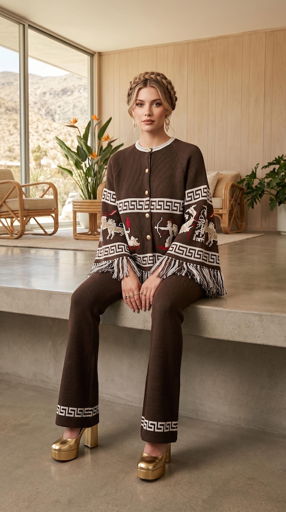 Vintage Zodiac Sweater and Pants Matching Set | 60s 70s Astrology Fringe Poncho Style | Hippie Boho