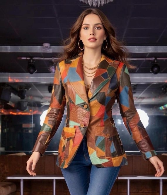 Size M ~ Vintage Womens 70s Wide Collar Multicolored Patchwork Leather Jacket | The Tannery Wards Hippie Boho Disco Rocker Style Coat Blazer
