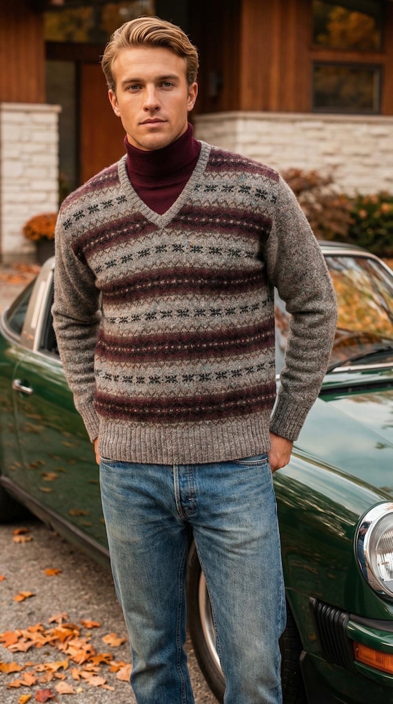 Vintage 70s 80s Amana Woolen Mill Fair Isle Nordic Sweater | Gray Colorful Speckled Preppy V-Neck Knit Wool Blend - Mens Size L 44-46" Chest