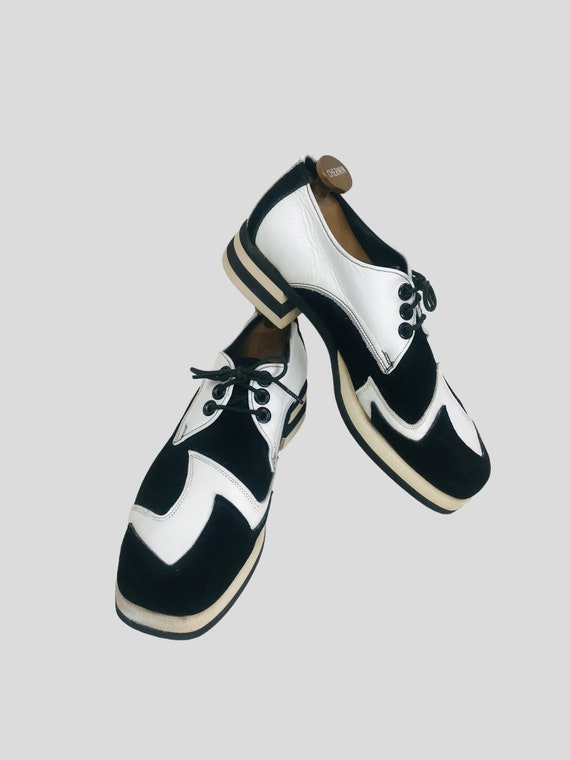 Men's Size 10.5 | Vintage 1970s Flagg Bros Black and White Leather & Suede Platform Shoes Striped Heel |  Disco Fever Rock Pimp
