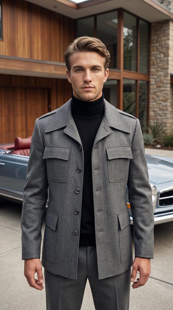 Vintage Gray LEISURE Suit Jacket | Flared Collar Mod Sport Coat Swiss Army Size 42