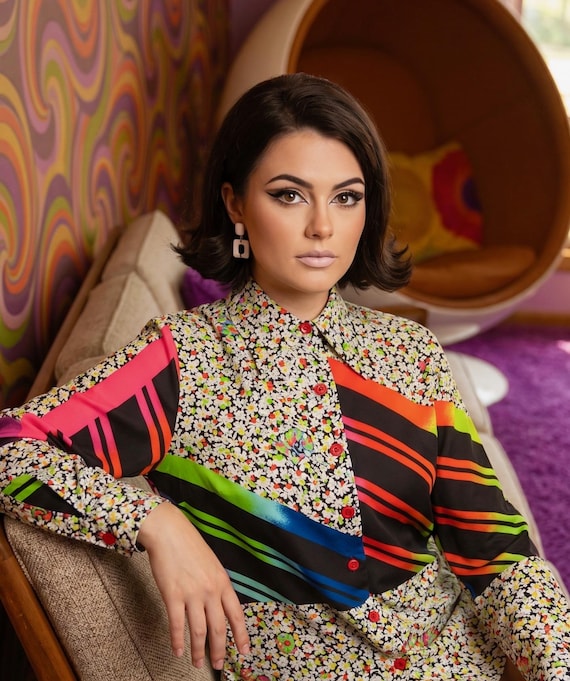 Vintage 70s King James of California Mixed Media Print Blouse | Psychedelic Mod Disco Shirt | Size XL