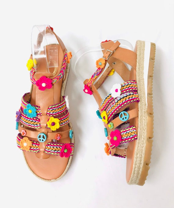 Size 8.5 9 Bespoke Rainbow Festival Sandals | Hippie Boho Sandals | Handmade Leather Friendship Peace Sign and Flowers Coachella