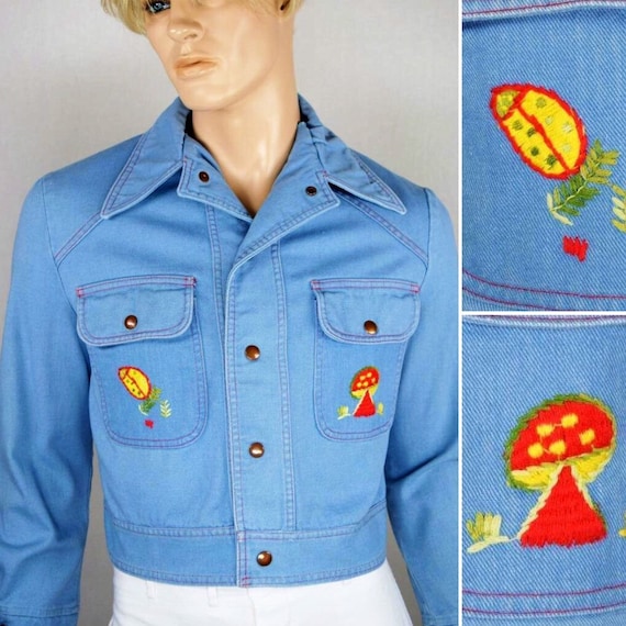 Vintage 40 Chest Unisex 1970's CAMPUS ~ Mushroom Colorful Embroidered Denim Jean Disco Festival Rocker HiPPiE Boho Jacket Mens S M  Womens L