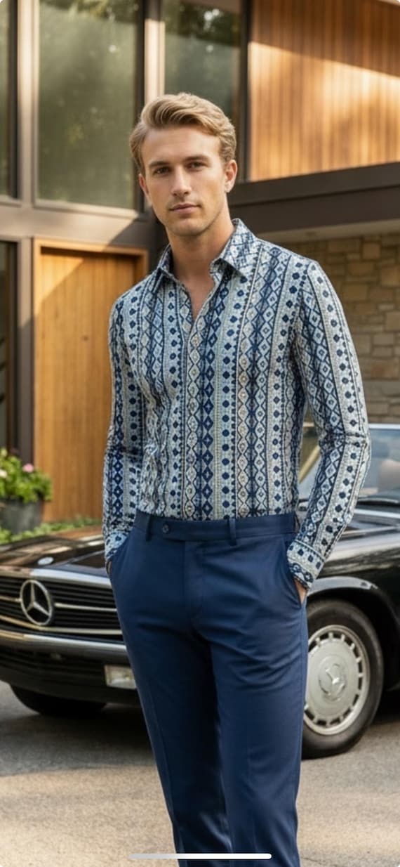 Vintage 70s Men's Emilio Pucci Chesa Optic Op Art Mod Hippie Disco Shirt Size S 38 Chest