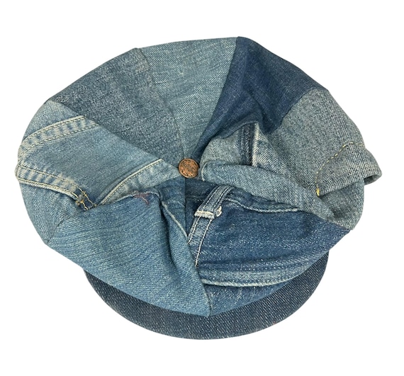 Vintage 70s | 7 Panel Demin Newsboy Hat | Made from Vintage Jeans Short brim Upcycle Sustainable