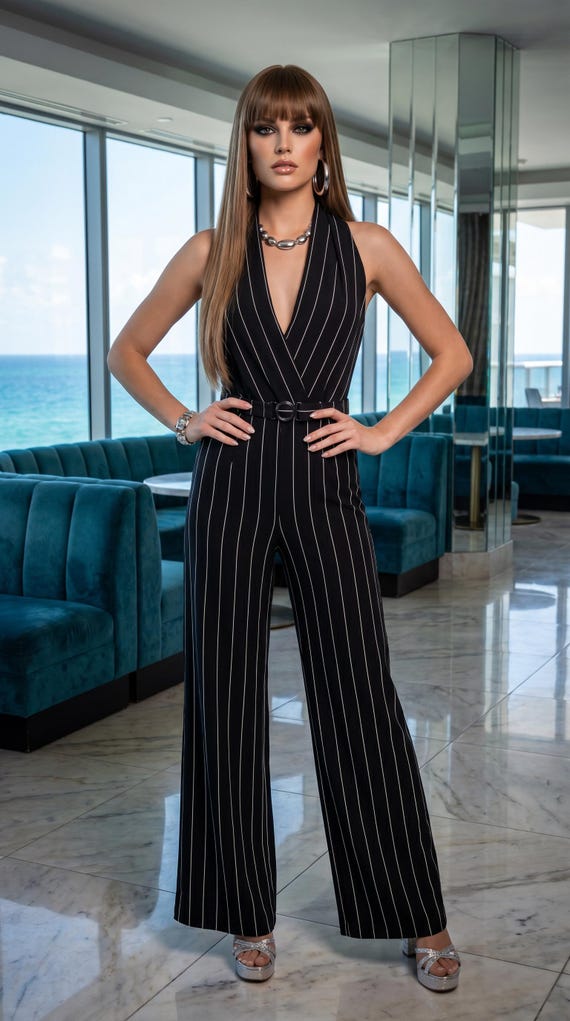 Vintage 70s Bonwit Teller Black & White Pinstripe Disco Era Jumpsuit | Size S