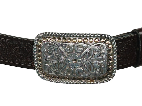 Vintage 80s JUSTIN Tooled Leather Western Rhinestone Belt | Size 34