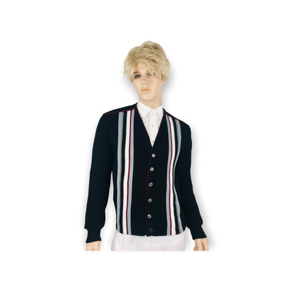 DEADSTOCk Vintage 60's NWOT Men's Mod Geometric Striped Pattern GRANDPA Beatnik Knit Mad Men Sweater Cardigan S M 41
