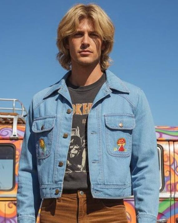 Vintage 40 Chest 1970's CAMPUS ~ Mushroom Embroidered Denim Jean Jacket Cropped Festival Rocker HiPPiE Mens S M  Womens L Gender Neutral