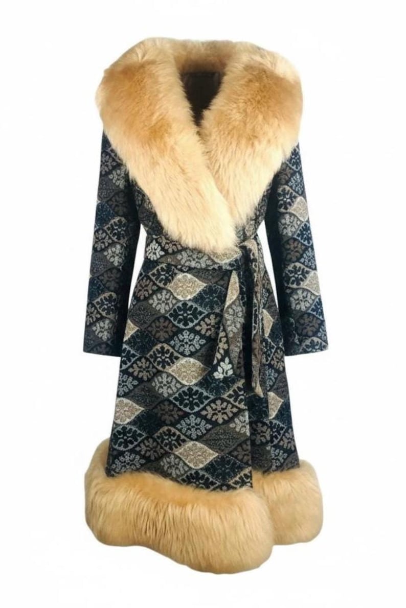 Vintage 60s 70s Snowflake Tapestry Coat - Real Shearling Fur Trimmed, Full Length image 6
