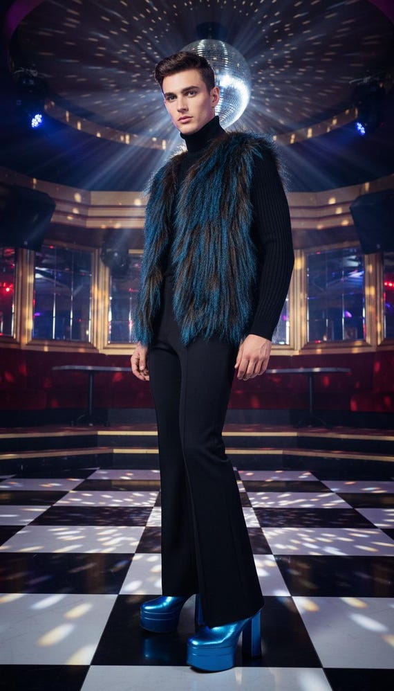 Vintage Bespoke Rockstar Brown with Blue Tips Curly Mongolian Lamb Fur Vest Waistcoat | Rock and Roll | Mens Womens Drag Custom made