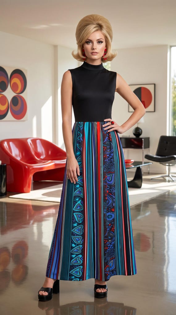 Vintage 60s 70s Mod Colorful Psychedelic Print w/ Hearts Colorblock Sleeveless l Maxi Hostess Dress Garden Party Palm Royale
