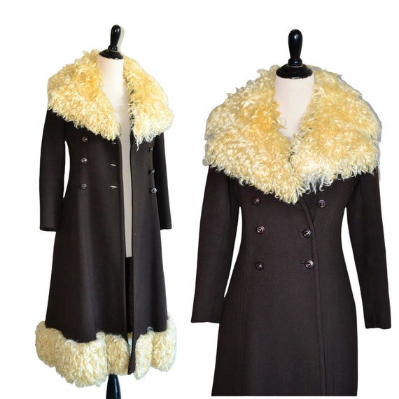 Outrageous Penny Lane Coat | Vintage 60s 70s Princess Cut Huge Curly Mongolian Fur Collar & Trim | Full Length Wool Double Breasted Coat XS