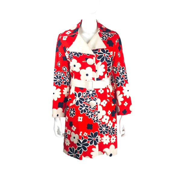 Deadstock True Vintage 60s Mod FLOWER POWER Coat Spring Summer Lightweight Michel Daniel | Red Blue Bold Print Boho Hippie Palm Royale