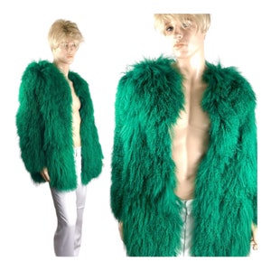 Vintage Crazy Bright Green Rockstar UniSeX Long Shaggy Mongolian Curly Lamb Fur Rock and Roll Hip hop Rap Diva Drag Queen Chest 39 image 1