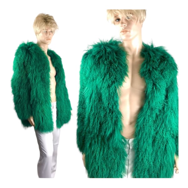 Vintage Crazy Bright Green Rockstar UniSeX Long Shaggy Mongolian Curly Lamb Fur | Rock and Roll Hip hop Rap | Diva Drag Queen Chest 39"