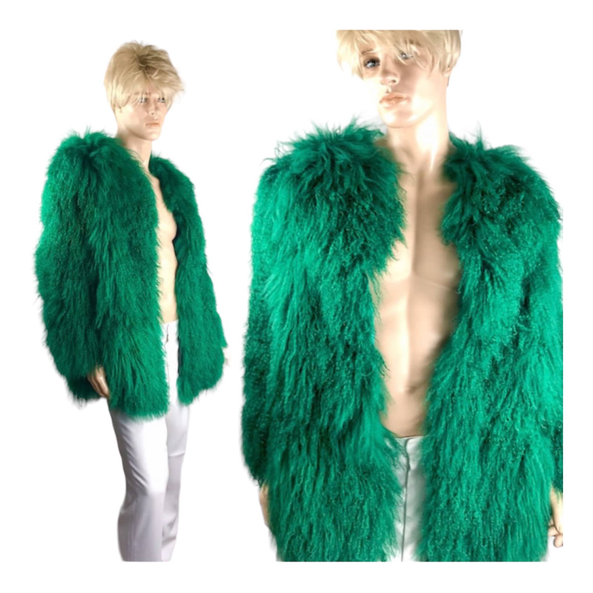Vintage Crazy Bright Green Rockstar UniSeX Long Shaggy Mongolian Curly Lamb Fur Rock and Roll Hip hop Rap Diva Drag Queen Chest 39