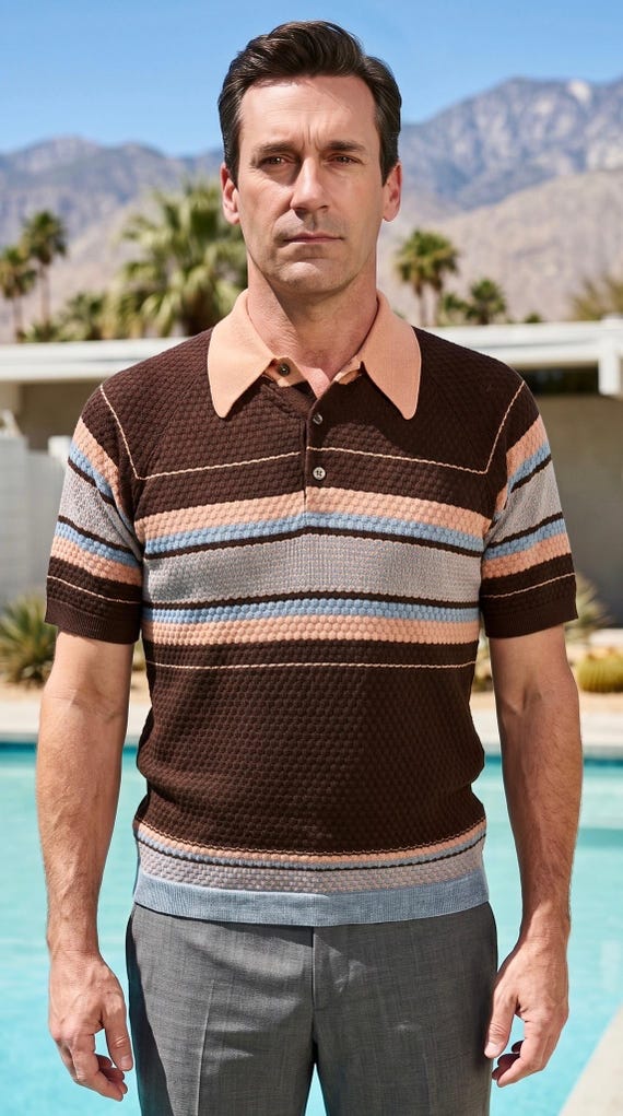 Vintage 60's 70's Donegal Colesta Brown & Gray Striped Knit Mod Polo Sport Shirt | Size L