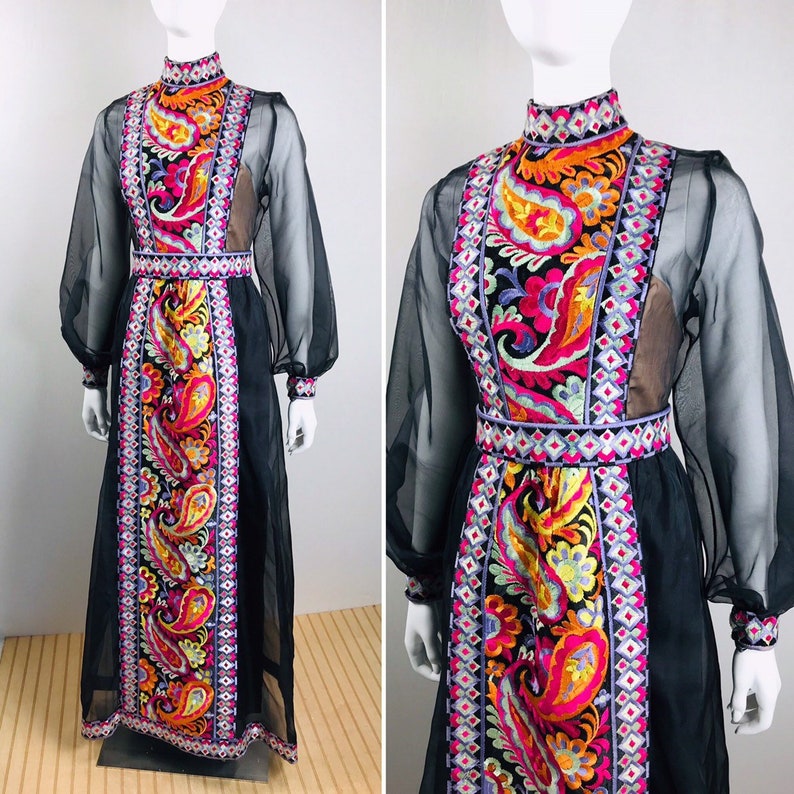 DONALD BROOKS Vintage Couture 1960s Black Silk Organza Psychedelic Colorful Embroidery Sheer Formal Evening Gown Dress Museum Quality image 1