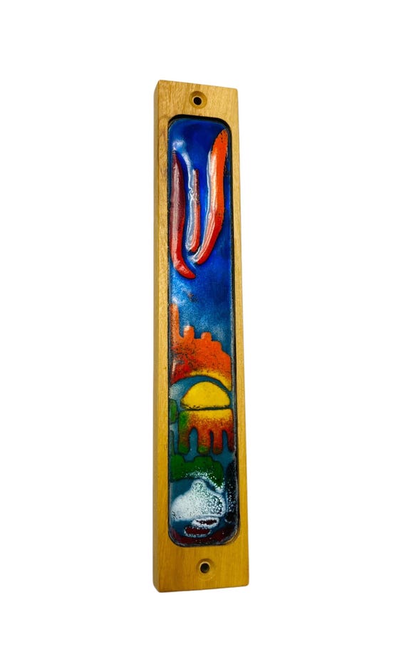 NOS Vintage 80s Israeli Mezuzah Case Enamel | Jerusalem Olive Wood Judaica Amulet  Made in Israel |  New Never Used