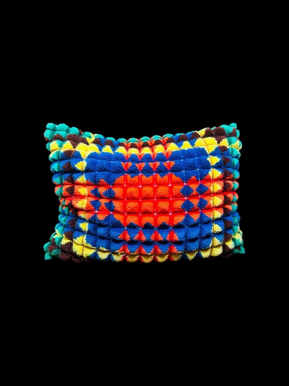 Vintage 60s 70s Mid Century Danish Modern Rya Psychedelic Mod Shag Throw Pillow | Large Puffy Textured Decorative MCM Space Age