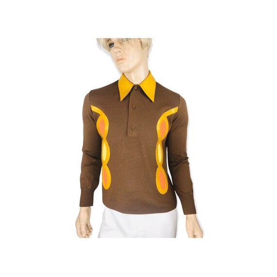 DEADSTOCK Mod Vintage 60s Finchley NY Panel Shirt Loop Collar | Brown Wool Knit fwith Leather Accents Orange Goldenrod  | Size M 42 43