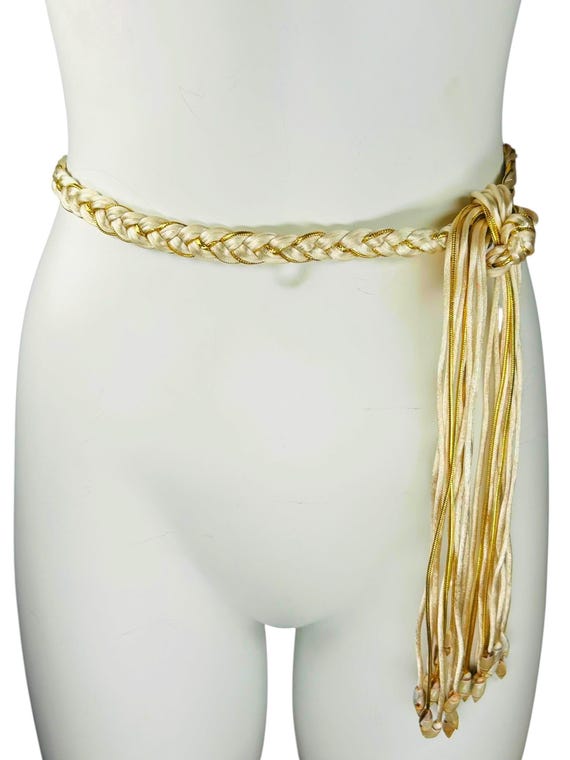 Vintage 70s Disco Cord White & Gold Metallic Belt - Cowrie Shell Tassel | Passementerie Braided Rope