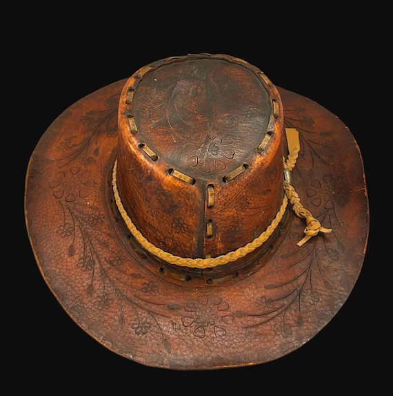 Vintage 70s Hand Tooled Leather Hat | Western Embossed Flowers Hippie Boho Style