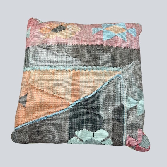 Vintage 60s 70s Mid Century Handwoven Turkish KILIM Pillow | 17" Decorative Throw | Tribal Design Ethnic MCM Boho