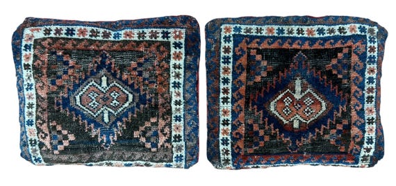 Set of 2 - Vintage 60s Mid Century Tapestry Tribal Decorative Small Rug Throw Pillows | Ethnic MCM Boho