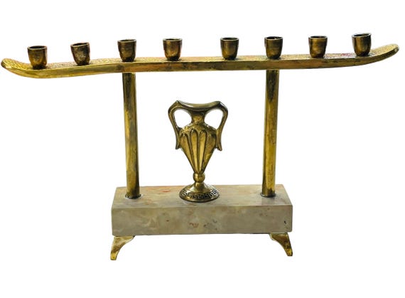 Vintage 50s Rare ABADA Menorah | Brass with Oil Vessel on a Marble Base Hanukkah Menorah  | Judaica Made in Israel Mid Century