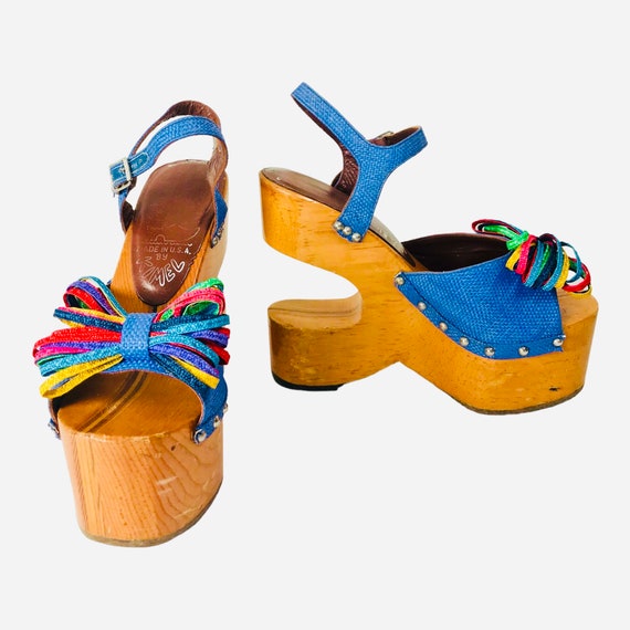 Size 8 SABOTS By Kimel Rare Vintage 60s 70s Rainbow Ribbon Bow | Wood Sculptured Platform Sandals | Bonnie Smith Huge Platforms Disco Glam