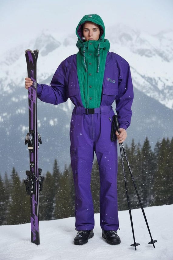 Vintage 80s 90s Men’s FILA MAGIC LINE ~ Colorblock Purple Green One Piece Ski Suit Converts Overalls Hooded | Gortex Skiwear Snow Boarding