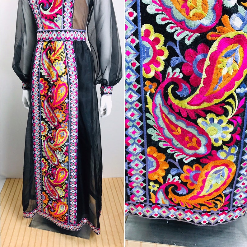 DONALD BROOKS Vintage Couture 1960s Black Silk Organza Psychedelic Colorful Embroidery Sheer Formal Evening Gown Dress Museum Quality image 5