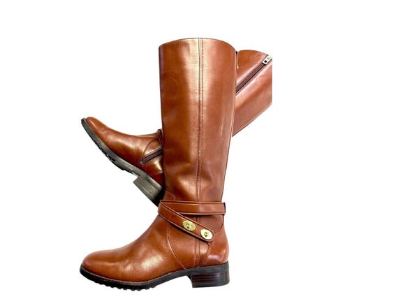 Size 7.5 New COACH ESSEX Tall Knee High Harness Riding Boots | Gold Accents Leather Brown Side Zip Boho Hippie Bohemian - Free Shipping