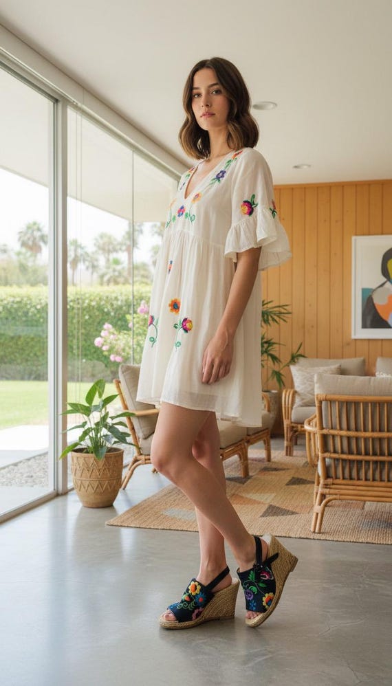 Size 7.5 - 8 | Vintage 60s 70s Jerry Edouard Jerrold RARE Colorful Embroidered Flowers Espadrille Wedge Sandals Boho Hippie