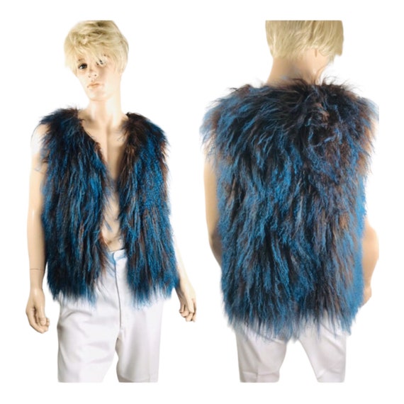 Vintage Bespoke Rockstar Brown with Blue Tips Curly Mongolian Lamb Fur Vest Waistcoat Unisex | Rock and Roll  | Mens Womens Drag Custom made