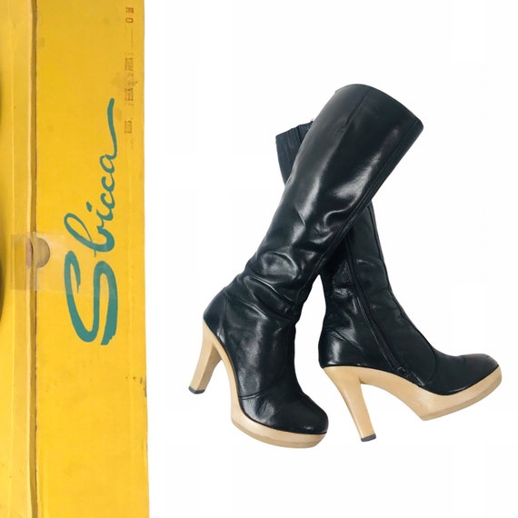 Size 9.5 10 | True 70s Vintage SBICCA Black Leather Platform Boots | Sexy Tall Knee High Wide Calf Boot Rockstar Hippie  Boho Original Box