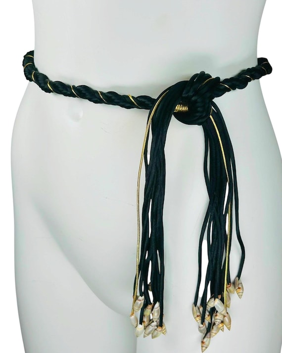 Vintage 70s Disco Boho Passementerie Black & Gold Metallic Rope Cord Belt | Cowrie Shell Tassel