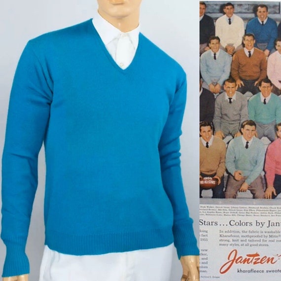 Vintage 50s 1950s Mens Jantzen Kharafleece Blue Knit V Neck AtOmiC VeRY MOD Pullover Sweater M L 44 Vtg