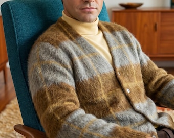 Vintage 60's McGregor Windowpane Plaid Mohair Cardigan | Shaggy Sweater | Kurt Cobain Size L - 46 Chest