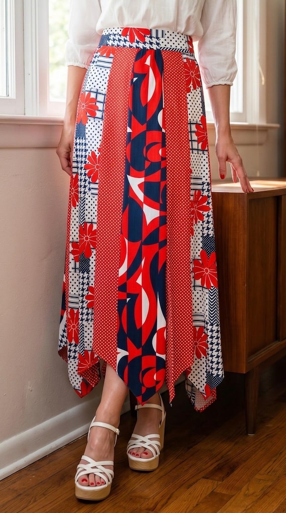Vintage 70's Chessa Davis Red White & Blue Patchwork Panel Maxi Skirt | Size M