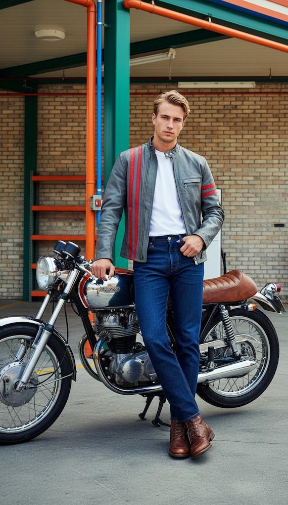 Vintage Rare 1970's SEARS ReTrO Striped Gray & Red Leather | CaFe RaCeR MoToRcYcLe Rocker Biker Moto Jacket L