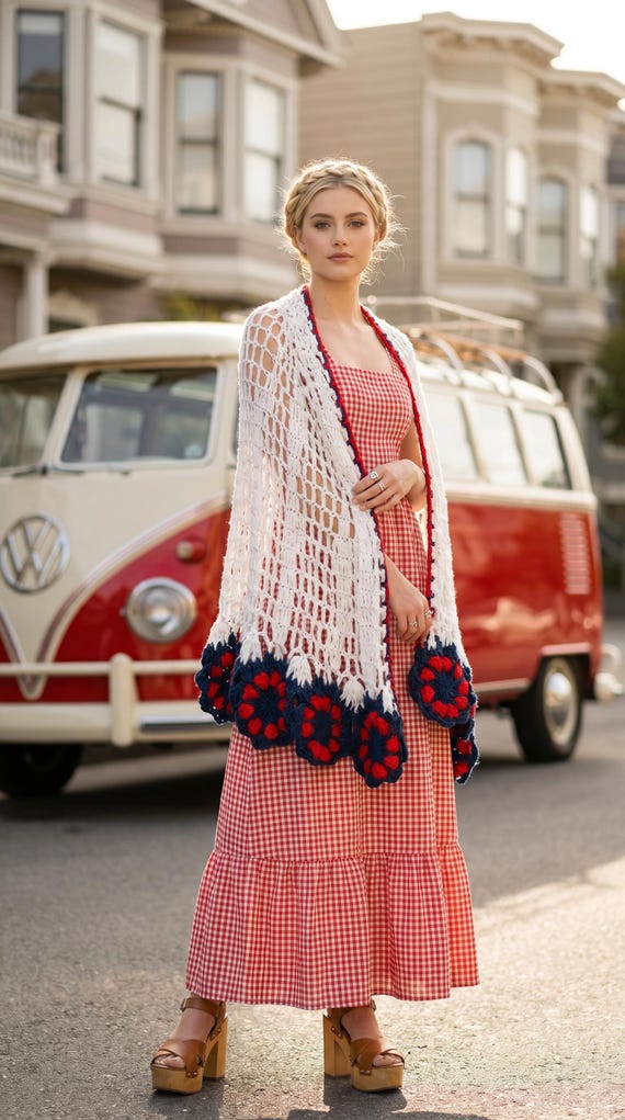 Vintage 60's 70's Crocheted Floral Granny Square Red White & Blue Boho Summer Shawl | Celebritees by Desco